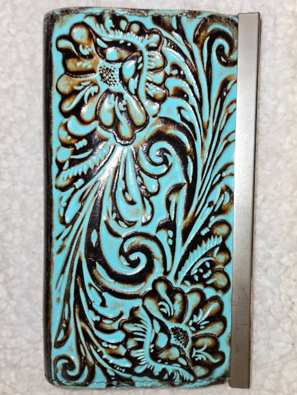 Patricia Nash Tooled Turquoise Leather Kiss Lock Checkbook Wallet Organizer - Picture 2 of 8